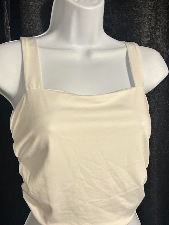 Tops - Cream White Square Neck Ruched Crop Tank Top Sleeveless Cami